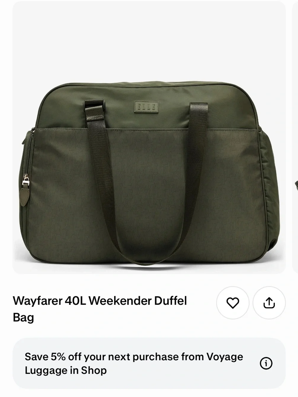 🧳 ELLE Wayfarer 40L Weekender Duffel Bag - Olive Green